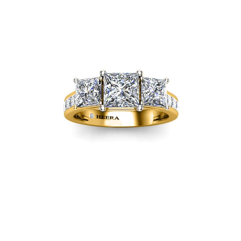 PINK I - Princess Trilogy Engagement Ring with Diamond Shoulders in Yellow Gold - HEERA DIAMONDS