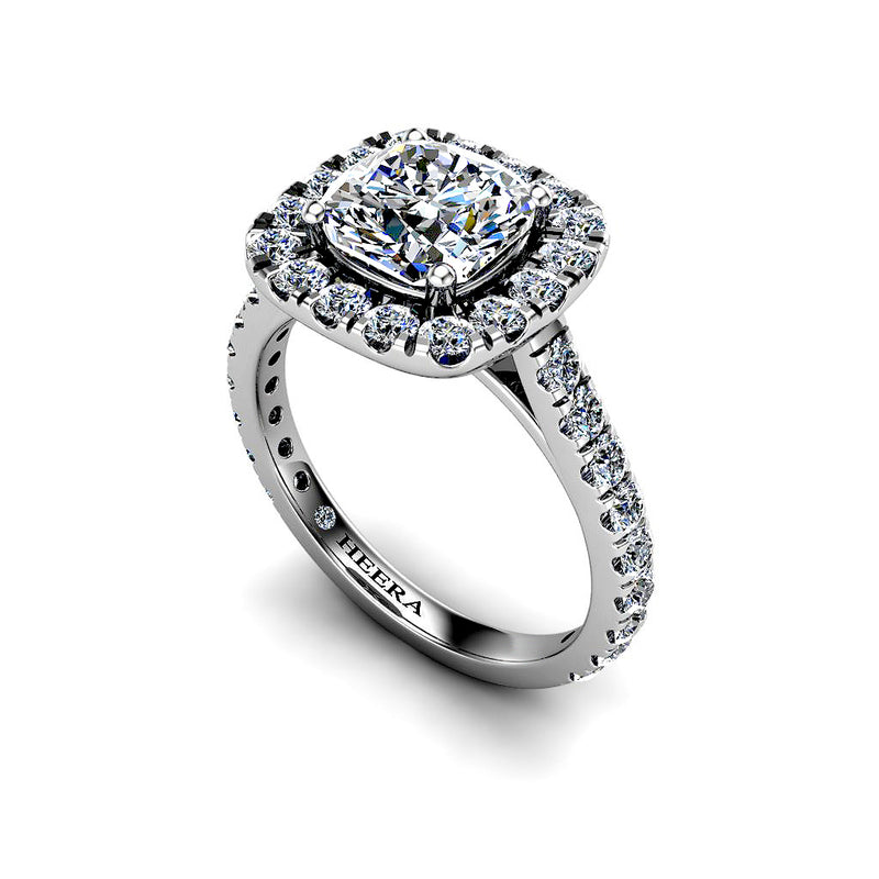 ARLENE - Cushion Cut Engagement Ring with Halo and Diamond Shoulders in Platinum - HEERA DIAMONDS
