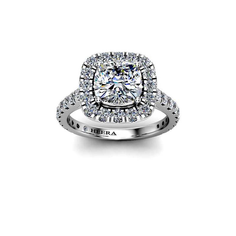 ARLENE - Cushion Cut Engagement Ring with Halo and Diamond Shoulders in Platinum - HEERA DIAMONDS