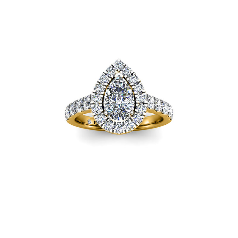 NOELIA - Pear Cut Engagement Ring with Diamond Halo and Shoulders in Yellow Gold - HEERA DIAMONDS