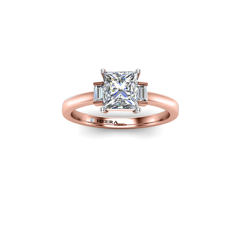 CREAMY - Princess and Baguettes Trilogy Engagement Ring in Rose Gold - HEERA DIAMONDS