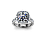OLENA - Round Brilliant Engagement Ring with Diamond Halo and Shoulders in Platinum - HEERA DIAMONDS