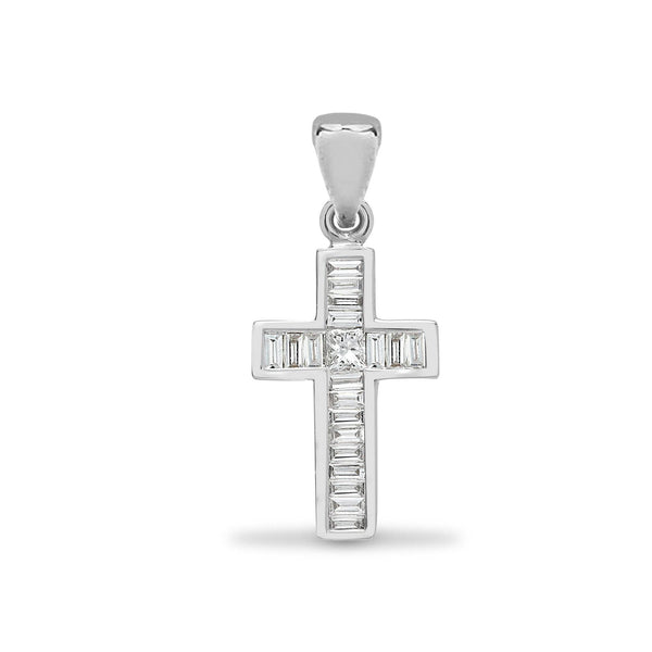 18ct White 0.22ct Princess Cut & Baguette Diamond Cross - HEERA DIAMONDS