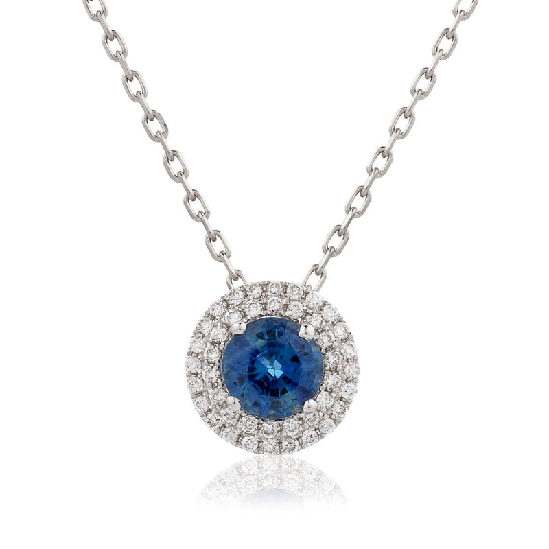 Round Sapphire Pendant with Double Diamond Halo - HEERA DIAMONDS