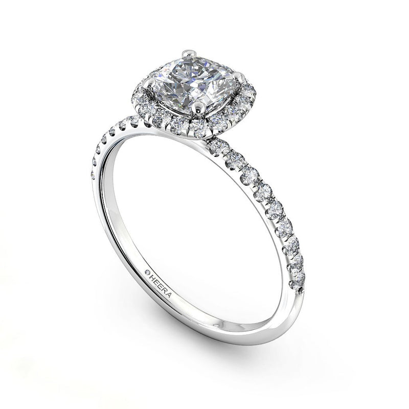 DEBBIE - Cushion Cut Engagement Ring with Diamond Halo and Shoulders in Platinum - HEERA DIAMONDS