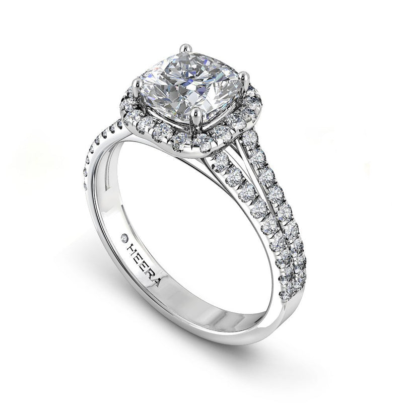 MAYA - Cushion Cut Engagement Ring with Diamond Split Double Shoulders and Halo in Platinum - HEERA DIAMONDS