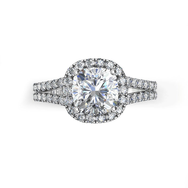 MAYA - Cushion Cut Engagement Ring with Diamond Split Double Shoulders and Halo in Platinum - HEERA DIAMONDS