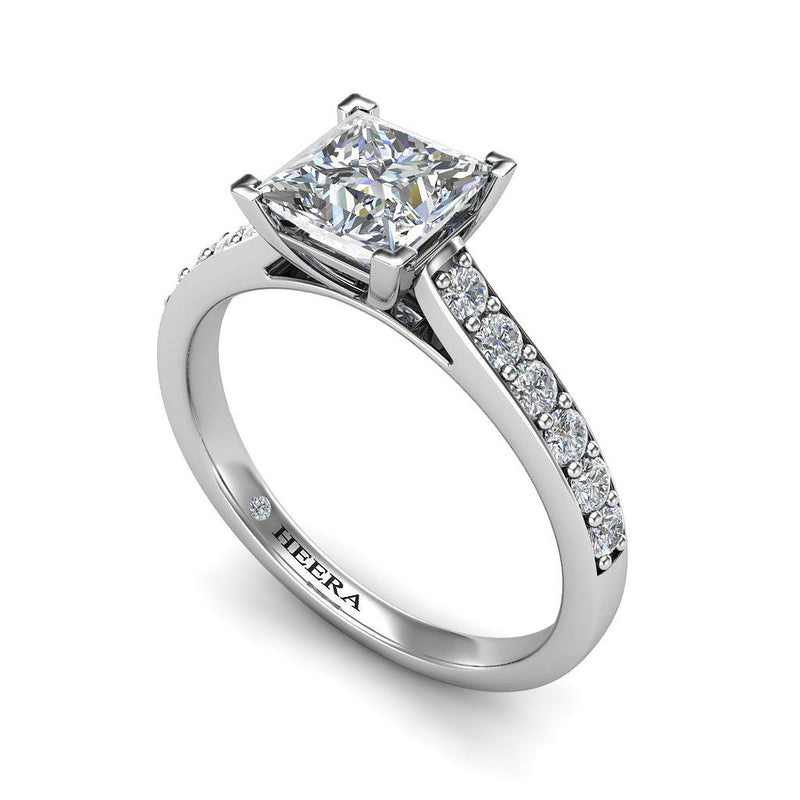 MARIONA - Princess Cut Engagement Ring with Grain Setting Diamond Shoulders in Platinum - HEERA DIAMONDS
